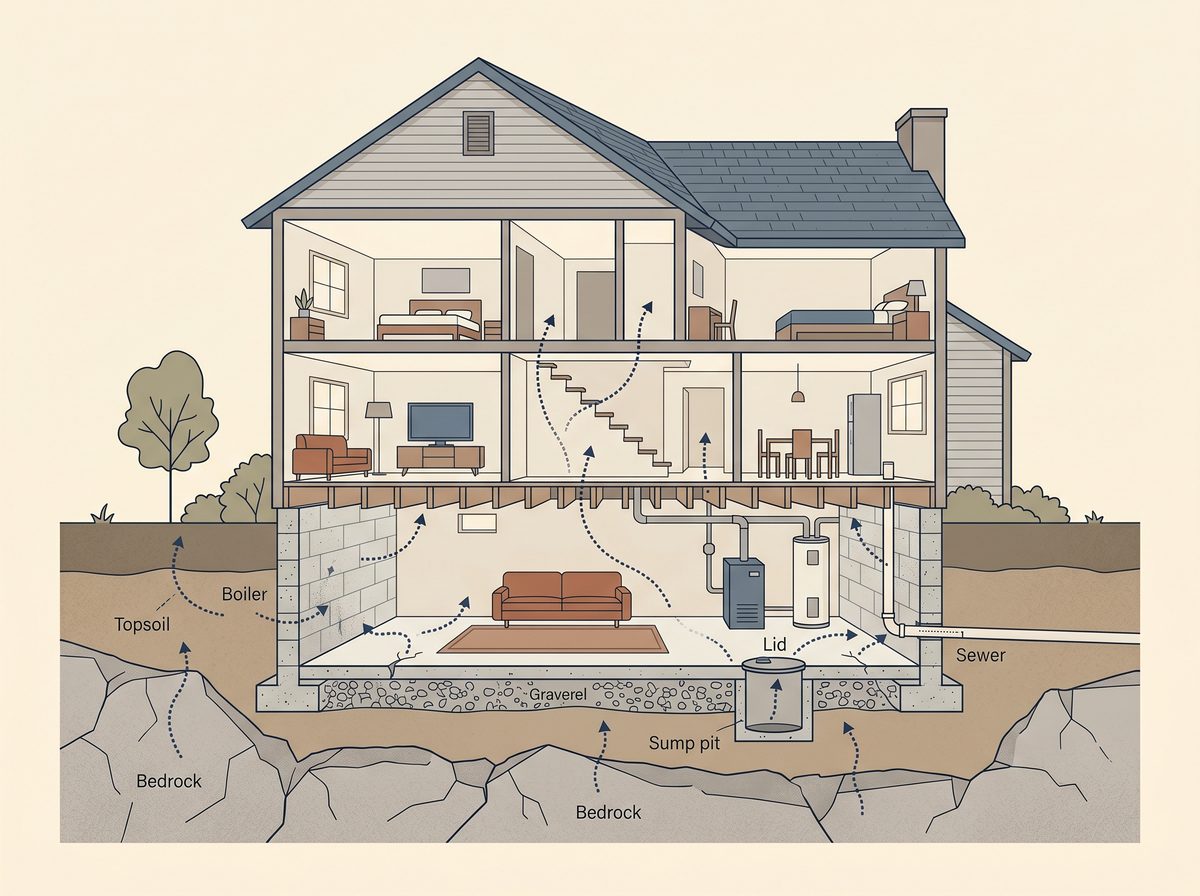 Cross-section illustration of a home showing radon gas rising from soil through foundation cracks and accumulating in the basement.
